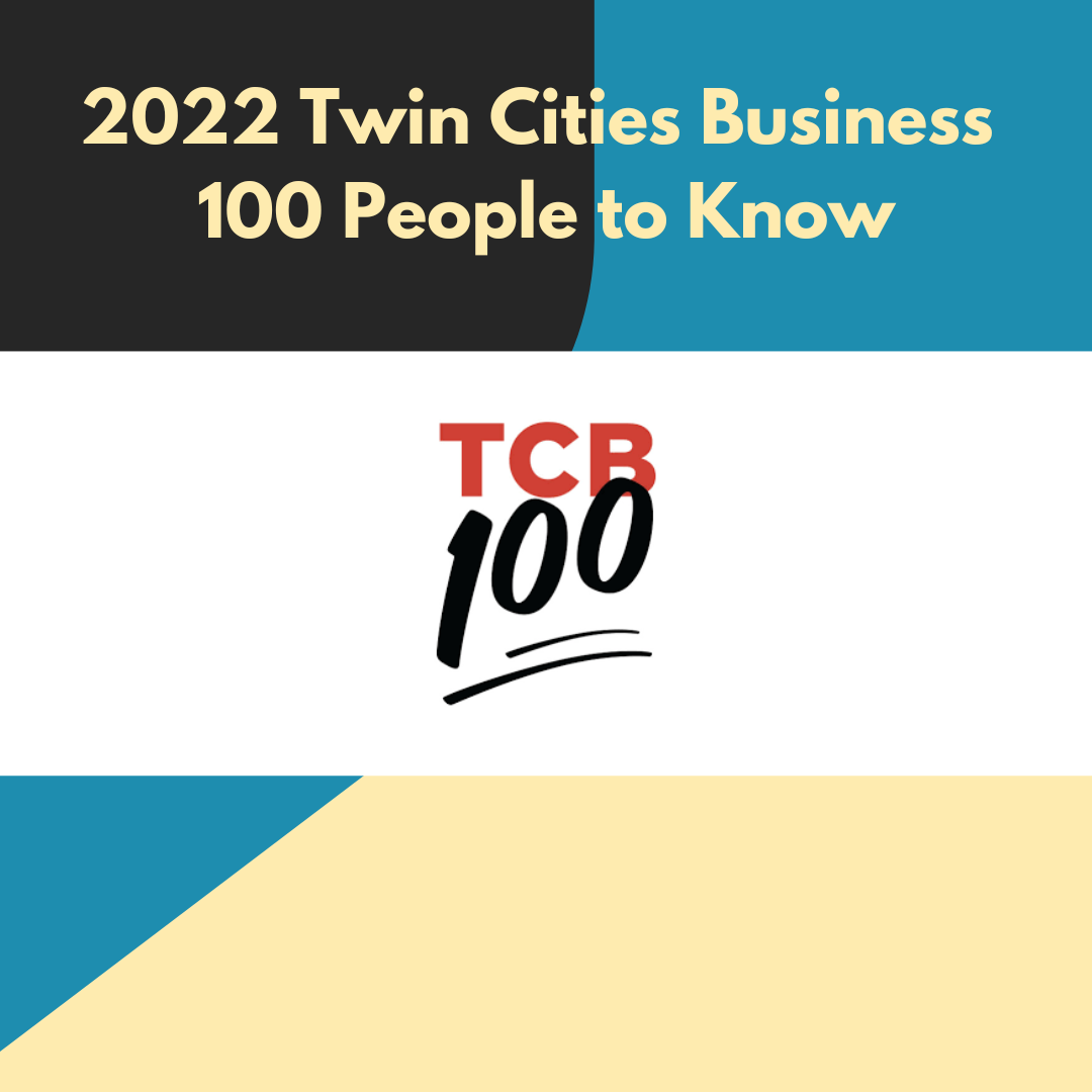 Black, Blue and Yellow geometric background with text that reads 2022 Twin Cities Business 100 People to Know and the TCB 100 logo