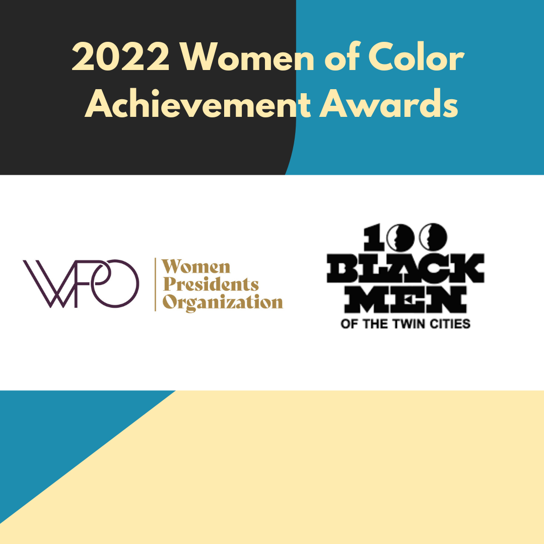 Black, Blue and Yellow geometric background with text that reads 2022 Women of Color Achievement Awards and the WPO and 100 Black Men logos